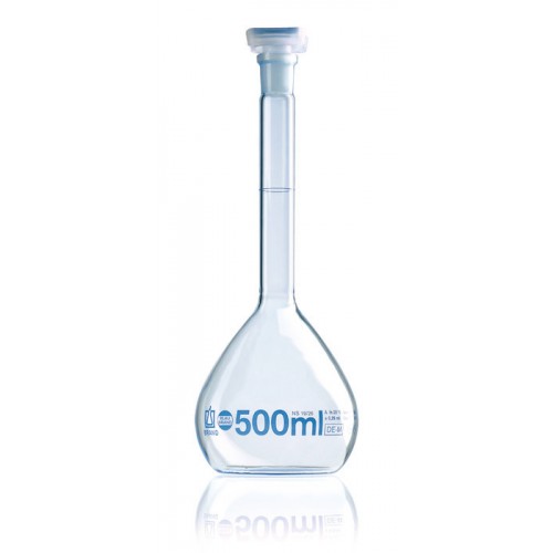 BALÃO VOLUMÉTRICO 5mL EM VIDRO CL. A, GRAV. ESMALTE AZUL C/ TAMPA EM PP - BRAND BALÃO VOLUMÉTRICO 5mL EM VIDRO CL. A, GRAV. ESMALTE AZUL C/ TAMPA EM PP - BRAND